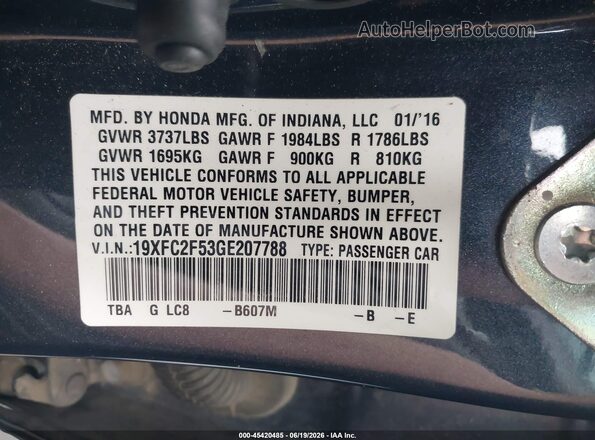 19XFC2F53GE207788 2016 HONDA CIVIC Dark Blue Вид подкапотного пространства