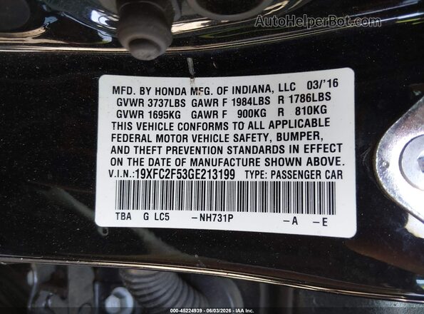 19XFC2F53GE213199 2016 HONDA CIVIC Black ძრავის განყოფილების ხედი