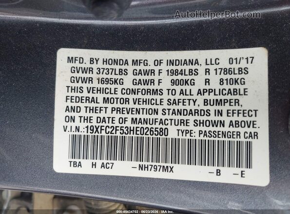 19XFC2F53HE026580 2017 HONDA CIVIC Gray Widok komory silnika