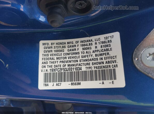 19XFC2F53JE011034 2018 HONDA CIVIC Blue Engine compartment view