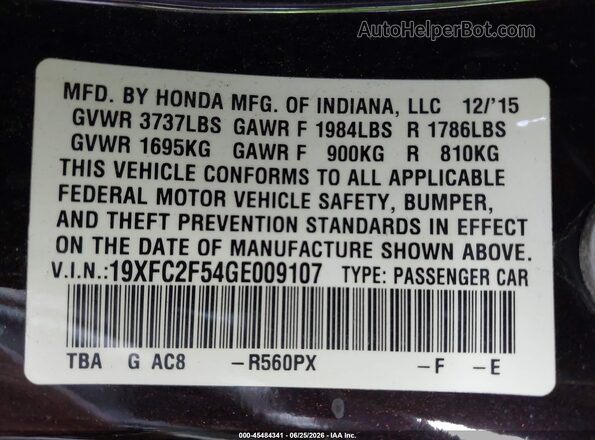19XFC2F54GE009107 2016 HONDA CIVIC Black Engine compartment view