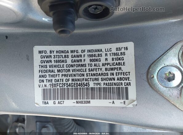 19XFC2F54GE046545 2016 HONDA CIVIC Серебряный Вид подкапотного пространства