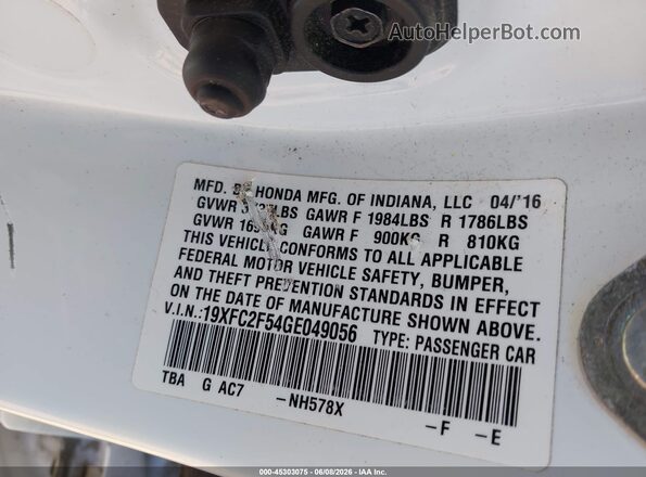 19XFC2F54GE049056 2016 HONDA CIVIC White ძრავის განყოფილების ხედი