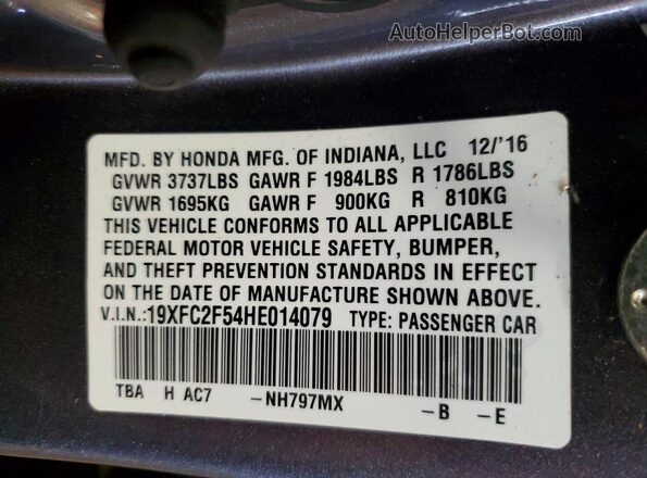 19XFC2F54HE014079 2017 HONDA CIVIC Gray 