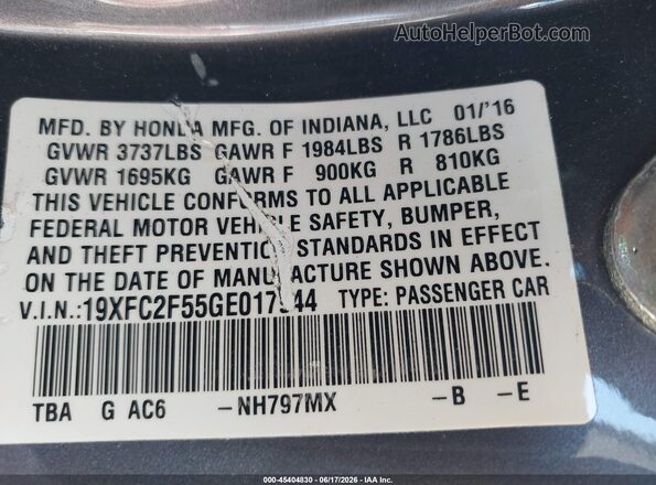 19XFC2F55GE017944 2016 HONDA CIVIC Gray Widok komory silnika