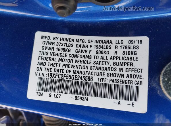 19XFC2F55GE245586 2016 HONDA CIVIC Blue Engine compartment view