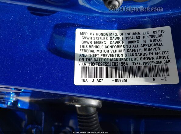 19XFC2F55JE021564 2018 HONDA CIVIC Blue Շարժիչի բաժամունքի տեսք