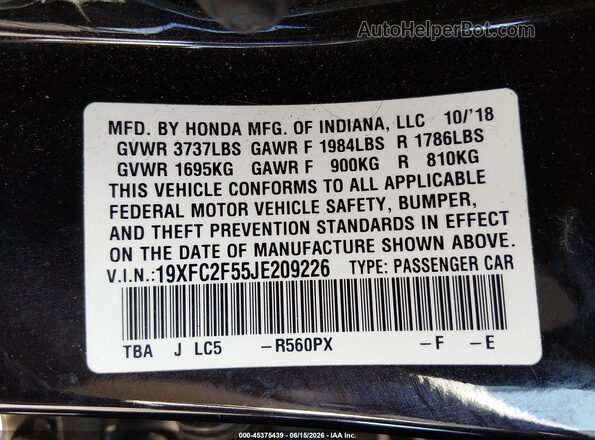 19XFC2F55JE209226 2018 HONDA CIVIC Black Вид підкапотного простору