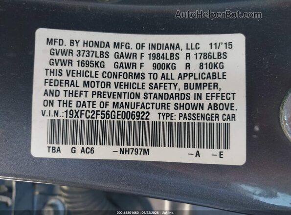 19XFC2F56GE006922 2016 HONDA CIVIC Gray Engine compartment view