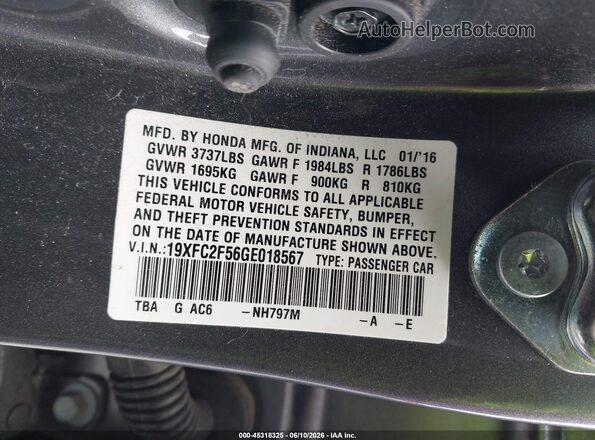 19XFC2F56GE018567 2016 HONDA CIVIC Gray Вид підкапотного простору
