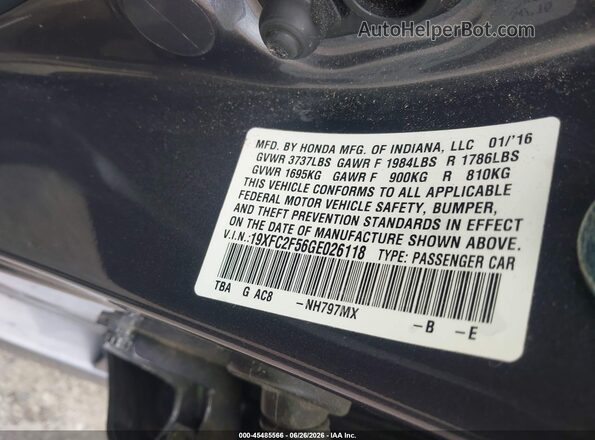 19XFC2F56GE026118 2016 HONDA CIVIC Серый Вид подкапотного пространства