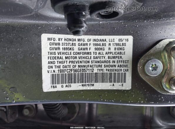19XFC2F56GE057112 2016 HONDA CIVIC Gray Вид підкапотного простору