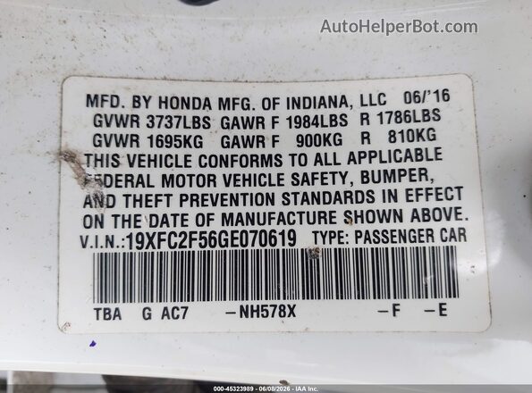 19XFC2F56GE070619 2016 HONDA CIVIC White Շարժիչի բաժամունքի տեսք