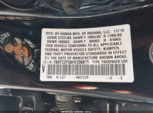 19XFC2F56HE206815 2017 HONDA CIVIC Black 