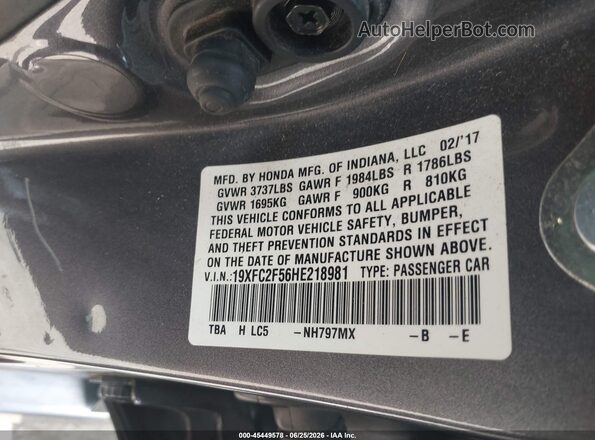 19XFC2F56HE218981 2017 HONDA CIVIC Gray Vista del compartimento del motor
