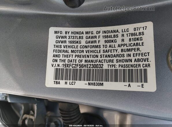 19XFC2F56HE230032 2017 HONDA CIVIC Silver Շարժիչի բաժամունքի տեսք