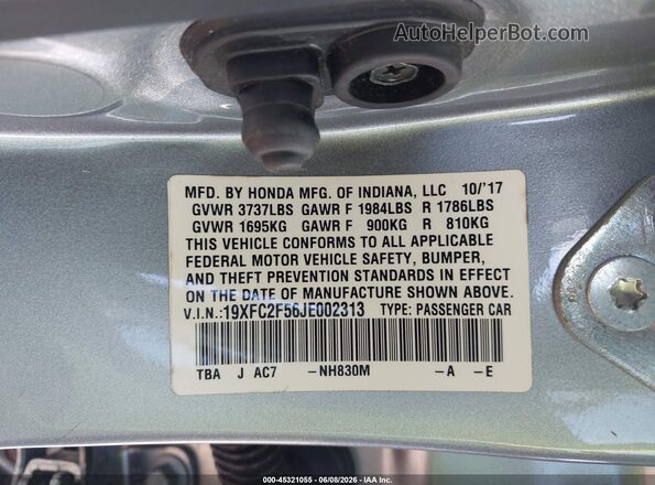 19XFC2F56JE002313 2018 HONDA CIVIC Silver 