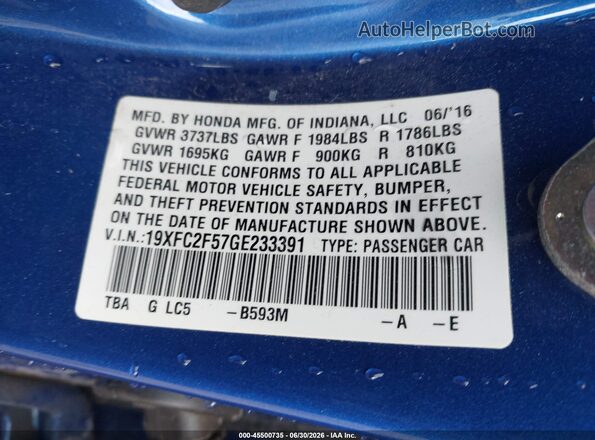 19XFC2F57GE233391 2016 HONDA CIVIC Blue Vista del compartimento del motor