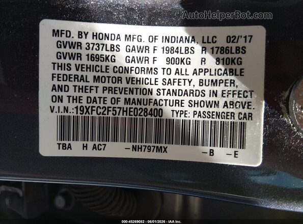19XFC2F57HE028400 2017 HONDA CIVIC Gray Вид підкапотного простору
