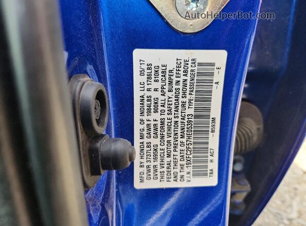 19XFC2F57HE053913 2017 HONDA CIVIC Blue 