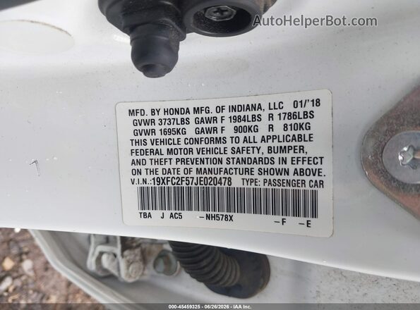 19XFC2F57JE020478 2018 HONDA CIVIC White ძრავის განყოფილების ხედი