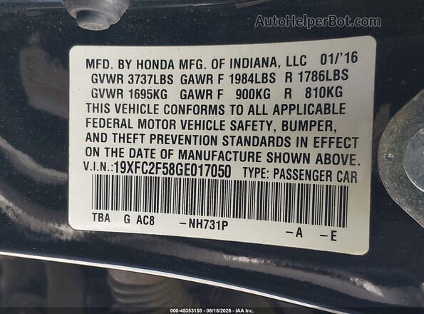 19XFC2F58GE017050 2016 HONDA CIVIC Black Vista del compartimento del motor