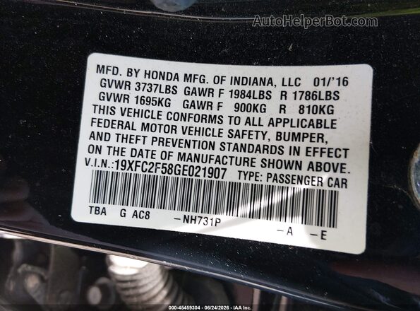 19XFC2F58GE021907 2016 HONDA CIVIC Black Engine compartment view