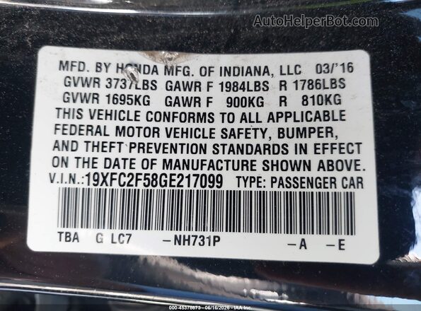 19XFC2F58GE217099 2016 HONDA CIVIC Black Вид підкапотного простору
