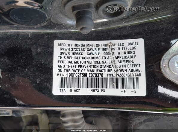 19XFC2F58HE070378 2017 HONDA CIVIC Black Вид підкапотного простору