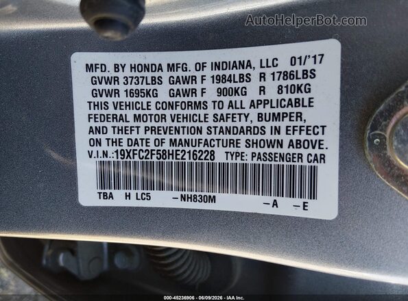 19XFC2F58HE216228 2017 HONDA CIVIC Silver Շարժիչի բաժամունքի տեսք