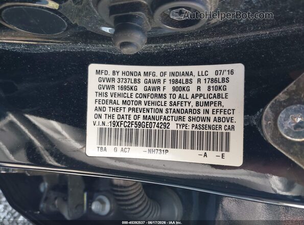 19XFC2F59GE074292 2016 HONDA CIVIC Black Engine compartment view
