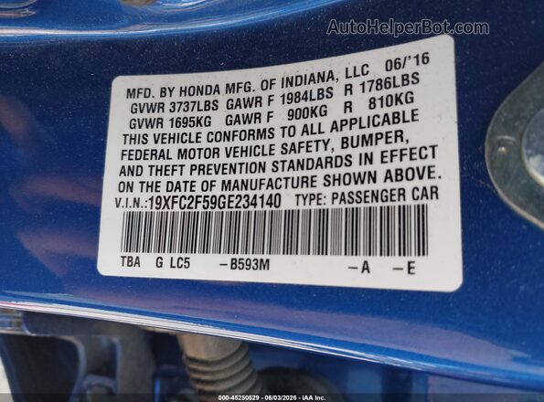 19XFC2F59GE234140 2016 HONDA CIVIC Blue 