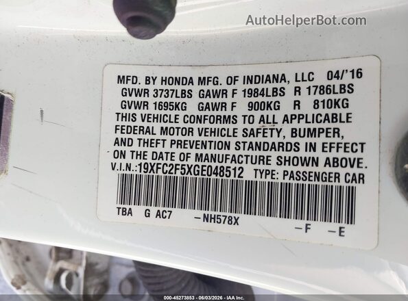 19XFC2F5XGE048512 2016 HONDA CIVIC Silver Շարժիչի բաժամունքի տեսք