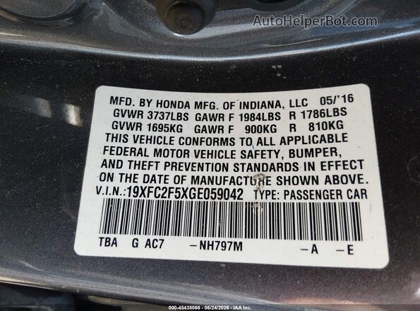19XFC2F5XGE059042 2016 HONDA CIVIC Gray Շարժիչի բաժամունքի տեսք