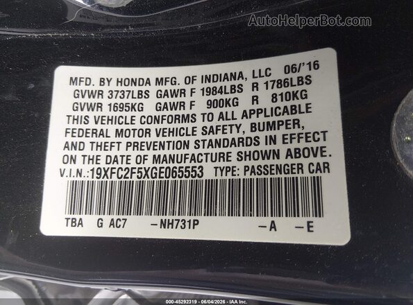 19XFC2F5XGE065553 2016 HONDA CIVIC Black Widok komory silnika