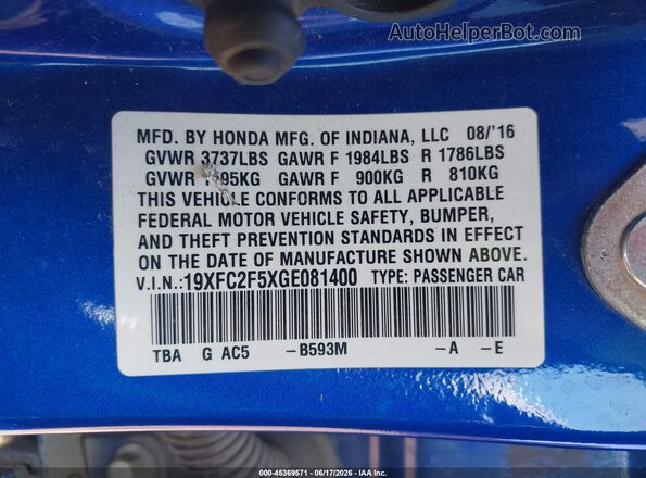 19XFC2F5XGE081400 2016 HONDA CIVIC Blue Շարժիչի բաժամունքի տեսք