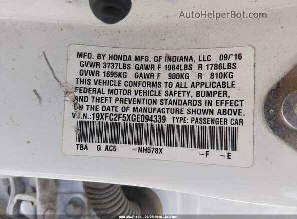 19XFC2F5XGE094339 2016 HONDA CIVIC White Вид підкапотного простору