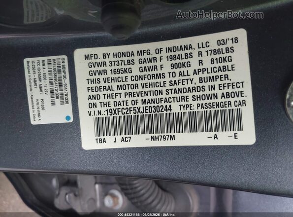 19XFC2F5XJE030244 2018 HONDA CIVIC Gray 