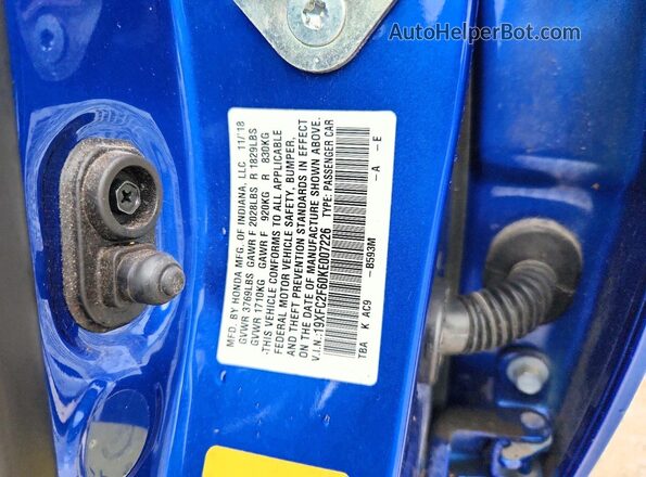 19XFC2F60KE007226 2019 HONDA CIVIC Синий Вид наклейки с VIN-кодом