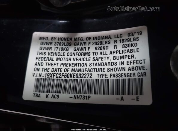 19XFC2F60KE032272 2019 HONDA CIVIC Черный Вид подкапотного пространства