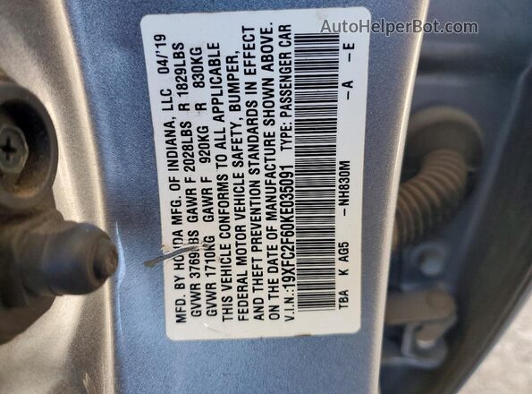 19XFC2F60KE035091 2019 HONDA CIVIC Серебряный Вид подкапотного пространства