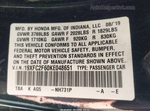 19XFC2F60KE048651 2019 HONDA CIVIC Black 