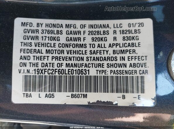 19XFC2F60LE010631 2020 HONDA CIVIC Dark Blue ძრავის განყოფილების ხედი