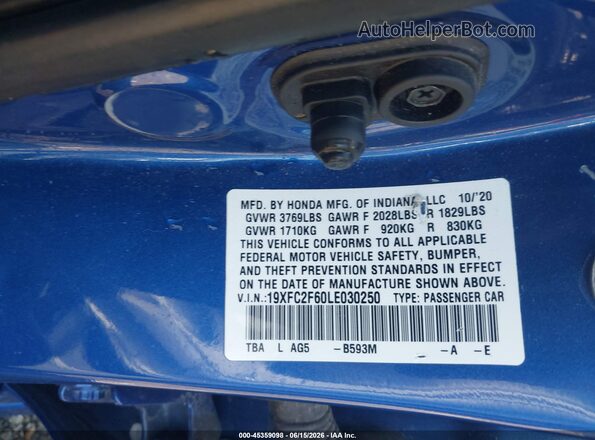 19XFC2F60LE030250 2020 HONDA CIVIC Blue Շարժիչի բաժամունքի տեսք