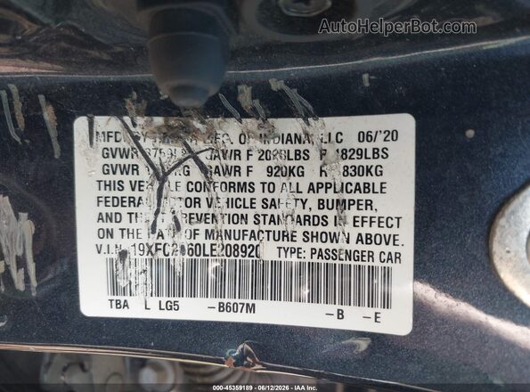 19XFC2F60LE208920 2020 HONDA CIVIC Dark Blue Вид подкапотного пространства