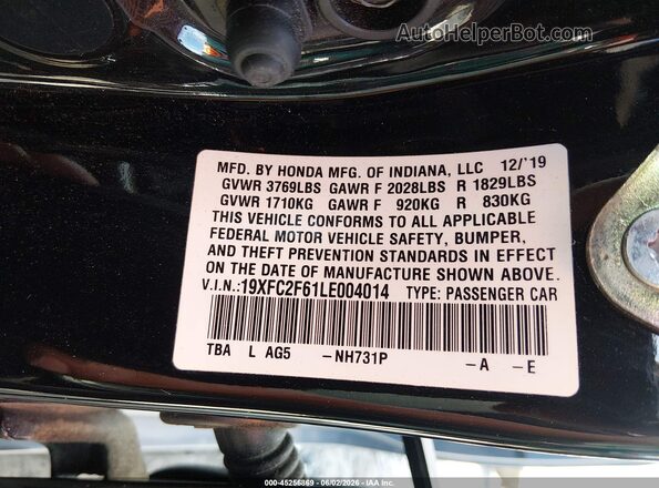19XFC2F61LE004014 2020 HONDA CIVIC Черный Вид подкапотного пространства
