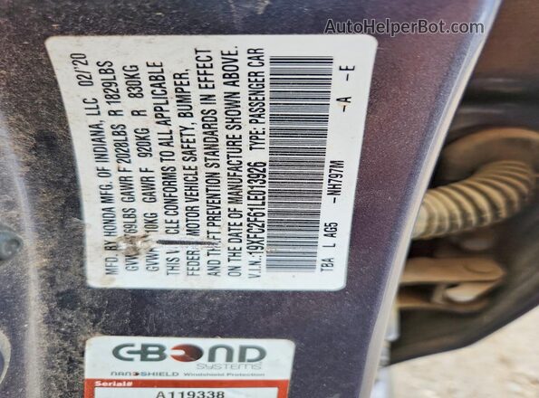 19XFC2F61LE013926 2020 HONDA CIVIC Gray ძრავის განყოფილების ხედი