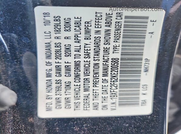 19XFC2F62KE200588 2019 HONDA CIVIC Black VIN კოდის სტიკერის ხედი