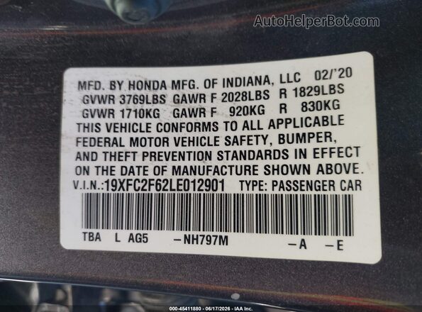 19XFC2F62LE012901 2020 HONDA CIVIC Серый Вид подкапотного пространства