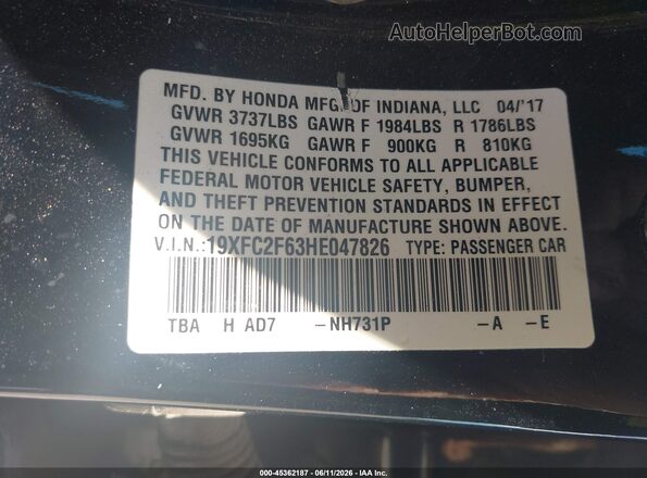 19XFC2F63HE047826 2017 HONDA CIVIC Черный Вид подкапотного пространства